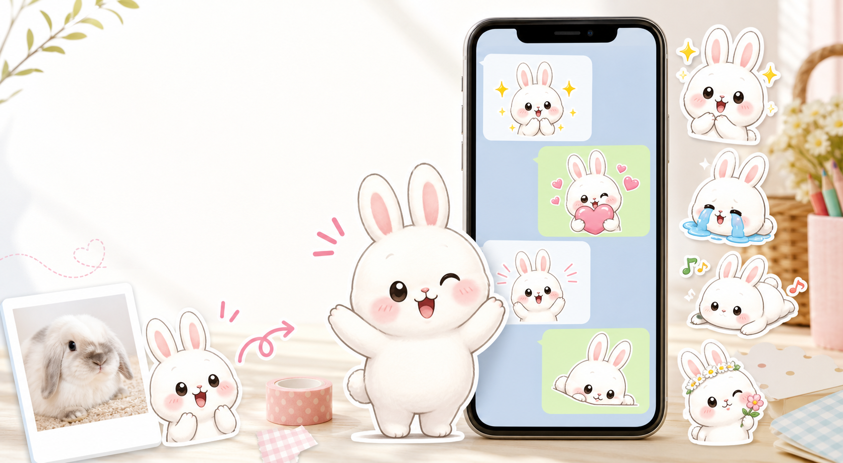 白うさぎのぶっひーちゃんを使ったペットLINEスタンプのイメージ
